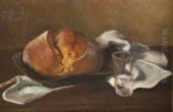 Still Life Of Bread And Glass On White Cloth - view 1