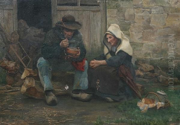 Breton Peasants Sitting Outside A Cottage Eating - view 1