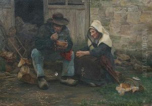Breton Peasants Sitting Outside A Cottageeating