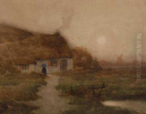Woman Outside A Thatched Cottage At Dusk - view 1