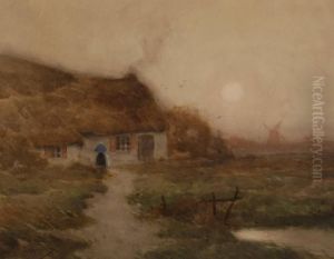 Woman Outside A Thatched Cottage At Dusk by Walter C. Hartson