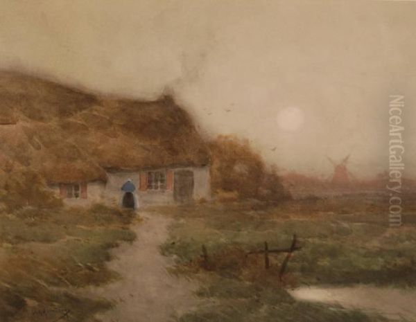 Woman Outside A Dutch Cottage At Dusk - view 1