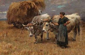 Bauerin Mit Ausgespannten Ochsen Und Heufuhrwerk by Hermann Hartwich