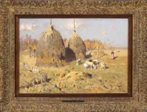 Bauerin Mit Einigen Schafen Bei Zwei Heuhocken In Herbstlicher Landschaft