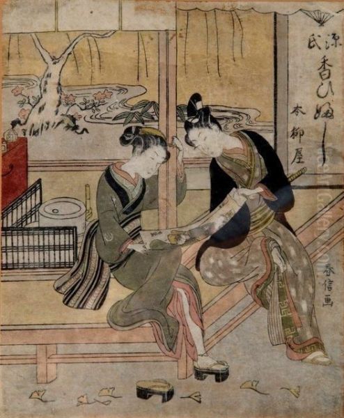 A Japanese Woodblock Print Of Two Geisha Holding A Scroll Seated On A Verandah - view 1
