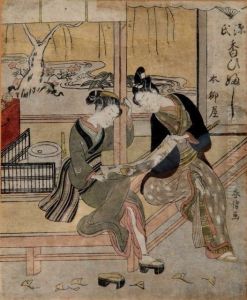 A Japanese Woodblock Print Of Two Geisha Holding A Scroll Seated On A Verandah