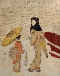 Mother And Child Each Holding A Parasol by Suzuki Harunobu