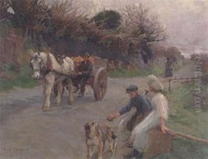 Travellers Resting With A Horse And Cart Passing By by Harvey Harold