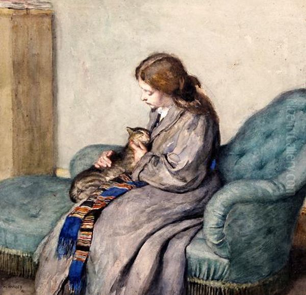 Lady Seated With A Cat In An Interior - view 1