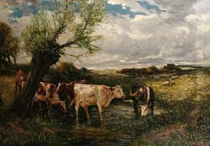 Cattle Watering In A Summer Landscape by John Rabone Harvey