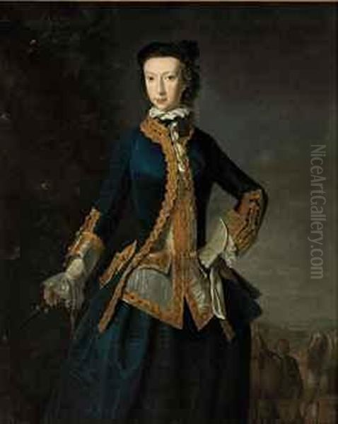 Portrait Of A Lady, Three-quarter-length, In A Blue Coat And Skirt,and White Waistcoat, With Gold Embroidered Trim, A Whip In Herright Hand, In A Landscape, Two Horses And A Groom Beyond - view 1