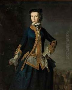 Portrait Of A Lady, Three-quarter-length, In A Blue Coat And Skirt,and White Waistcoat, With Gold Embroidered Trim, A Whip In Herright Hand, In A Landscape, Two Horses And A Groom Beyond