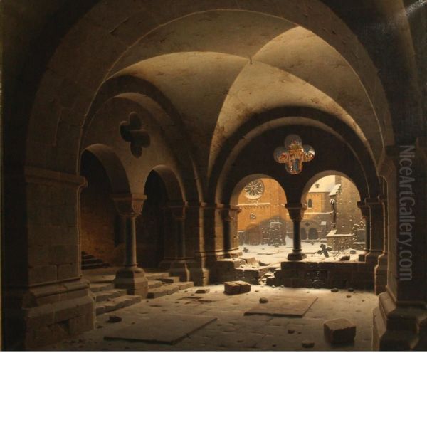 The Cloister Of The Cathedral Of Halberstadt In Winter by Carl Georg Adolph Hasenpflug
