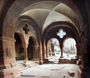 Klosterkreuzgang Im Winter Mit Blick Auf Eine Zweiturmigekathedrale by Carl Georg Adolph Hasenpflug