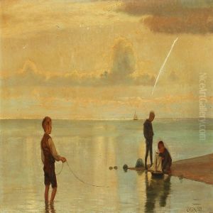 Children Playing In The Water Edge by Otto Haslund