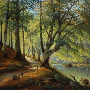 Forest Scenery With New Beech Leaves And People In Rowboat by Siegfried A. Sofus Hass