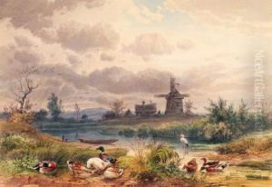 A Heron And Poultry Before A Windmill In An Open Landscape Thoughtto Be Near Dresden