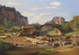 Southern Landscape With Sheep By A Ford by Johann Heinrich Hasselhorst