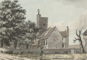 Herding Ducks In Front Of Barnes Church (illustrated); And Gathering Corn In Front Of Mortlake Church by John Hassell