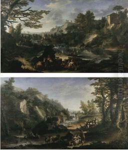 Paesaggio Con Pastori E Pastorella In Sosta E Armenti Presso La Riva Di Un Fiume; E Paesaggio Con Due Contadine Con Bambini E Pastore In Sosta by Hieronymous Hastner