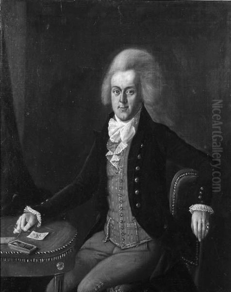 Portrait Of A Nobleman, Seated Small Full Length By A Table In Aninterior, Wearing A Red Waistcoat With Lace Chemise, Dark Brownjacket And Wig - view 1