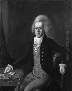 Portrait Of A Nobleman, Seated Small Full Length By A Table In Aninterior, Wearing A Red Waistcoat With Lace Chemise, Dark Brownjacket And Wig by Friedrich Ludwig Hauck