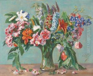 Stilleben Mit Erbluhten Sommerblumen In Einer Glasvase by Albert Haueisen