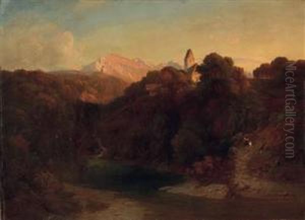 Mutter Mit Kind Am Waldweg Zu Einer Hochgelegenen Kirche - view 1