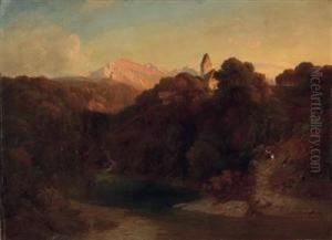 Mutter Mit Kind Am Waldweg Zu Einer Hochgelegenen Kirche by Carl Haunold