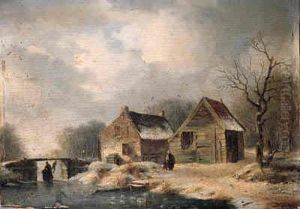 A Wooded Winter Landscape With Peasants Walking Along A Frozenwaterway By A Cottage