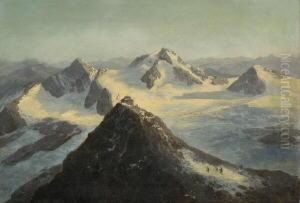 Bergsteiger Beim Gipfelhaus Im Verschneiten Hochgebirge
