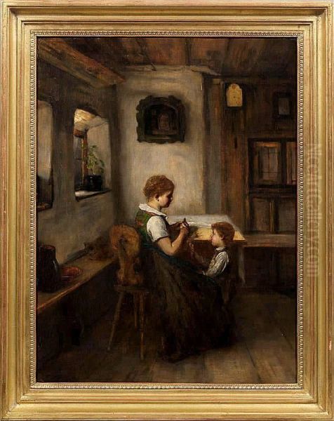 Bauerlicheinterieurszene Mit Mutter Und Kind In Der Stube - view 1