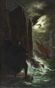 A Smuggler Signalling A Sailingvessel On A Moonlit Night.