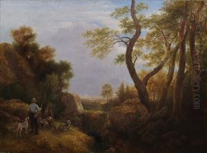 Figures And Dogs By A Woodland Stream, A Town Beyond by Charles Richards Havell