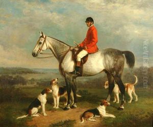 Portrait Of Richard Roake Seated On A Grey Hunter Surrounded By Hounds In A Lanscape