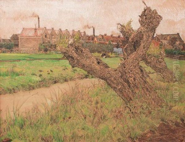 Pollard-willows Along A Stream With Brick Houses And Factorychimneys In The Distance, Amterdam - view 1