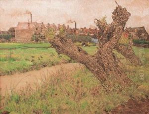 Pollard-willows Along A Stream With Brick Houses And Factorychimneys In The Distance, Amterdam by Gerrit Haverkamp