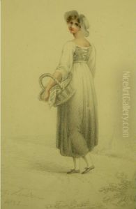 Oval Study Of A Maiden Carryinga Basket, Pencil With Added Colour