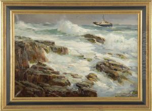Lobster Boat Off A Rocky Coast by Joseph Walter Hawkins