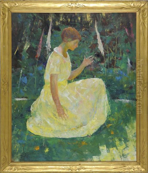 Portrait Of A Woman Dressed In Yellow Seated In A Forest Landscape - view 1