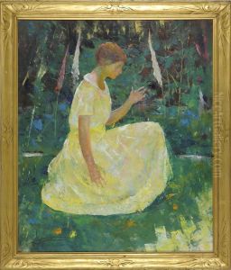 Portrait Of A Woman Dressed In Yellow Seated In A Forest Landscape