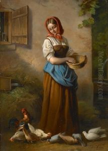 A Peasant Woman Feeding Chickens by Joseph Hayer