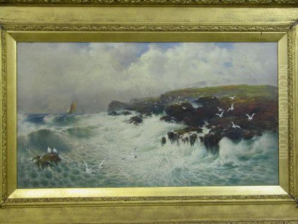 Among The Rocks, Rocky Coastline With Gulls And Fishing Smacks In An On-shore Squall - view 1