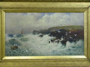 Among The Rocks, Rocky Coastline With Gulls And Fishing Smacks In An On-shore Squall by Bret Hayes