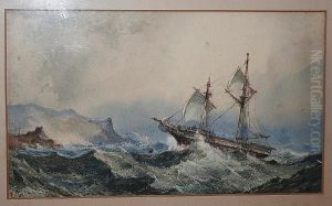 A Ship Caught In Squally Seas, Off A Rocky Coast by Frederick William Hayes