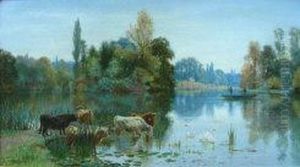 Cattle By The Riverside With Swans by Frederick William Hayes