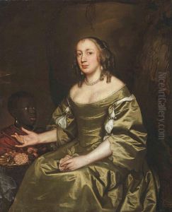 Portrait Of Mrs. St. George, Three-quarter-length, Seated In A Green Dress, A Boy Offering Her Flowers, A Wooded Landscape Beyond
