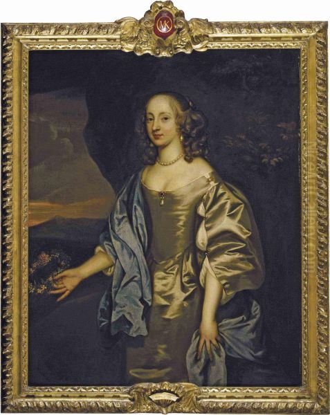Portrait Of Lady Mary O'kenealy, Three-quarter-length, In An Oyster Satin Dress With A Blue Mantle, Holding A Garland Of Flowers, In A Landscape - view 1