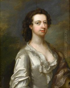 Portrait Of A Lady, Bust-length, In A Whitesatin Dress With A Lilac Wrap by Francis Hayman