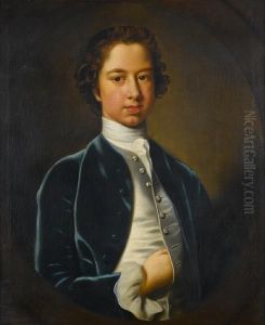 Portrait Of A Young Boy, In A Blue Velvet Coatwith A White Satin Waistcoat, Within A Painted Oval